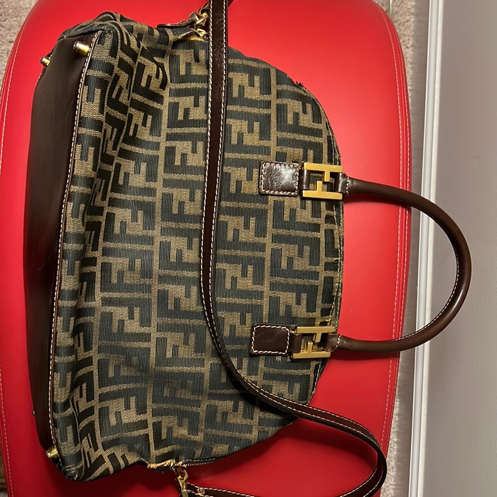 FENDI Zucca Monogram Logo Brown Canvas Top Handle Tote Tobacco Crossbody Purse